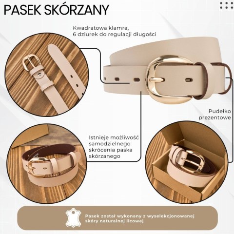 Pasek damski skórzany 110 cm do spodni wąski kremowy licowy złota klamra PG-13-ECRZ-110