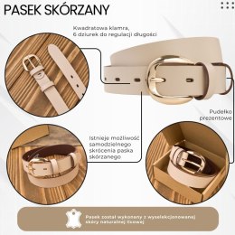 Pasek damski skórzany do spodni 100 cm wąski beżowy licowy złota klamra PG-14-BZ-100