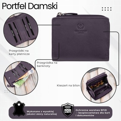 Portfel damski skórzany mały fioletowy w orientacji poziomej z RFID Paolo Peruzzi SL-06-VI