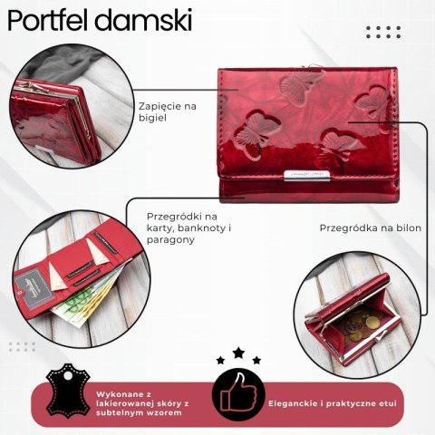 Portfel damski skórzany mały lakierowany z tłoczeniem w motyle czerwony SP-23-RD