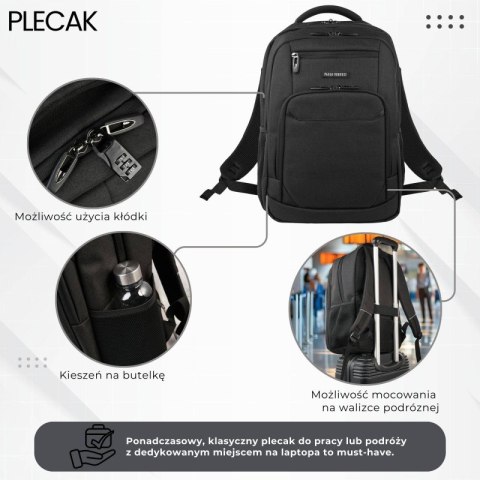 Plecak na laptopa podróżny do biura wielofunkcyjny czarny Paolo Peruzzi AS-03-BL