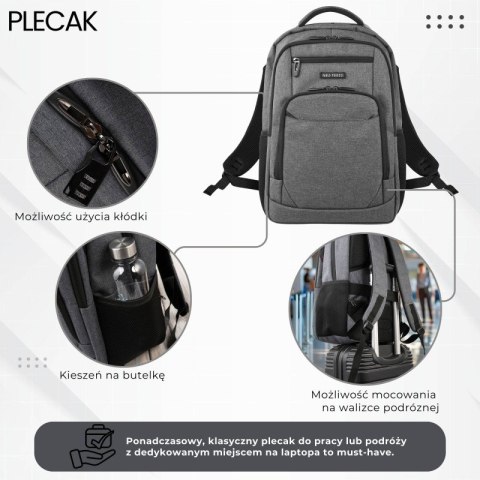 Plecak na laptopa podróżny do biura wielofunkcyjny szary Paolo Peruzzi AS-03-DGR