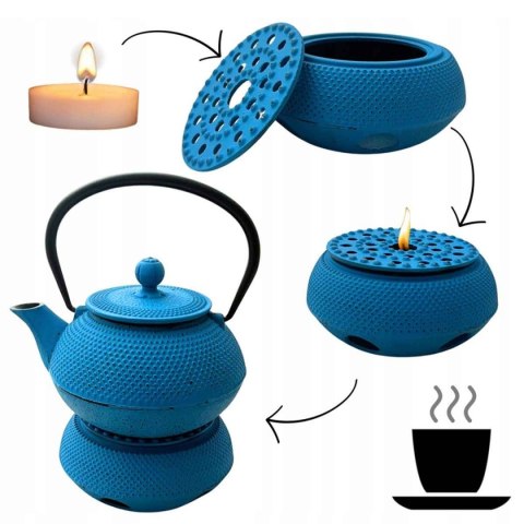 ZAPARZACZ ŻELIWNY DZBANEK NIEBIESKI 900ml Z PODGRZEWACZEM i FILIŻANKAMI PREZENT