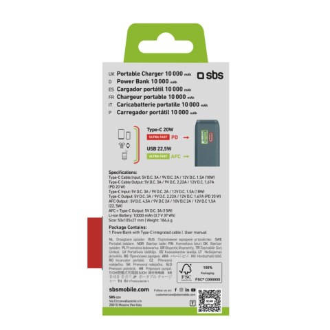 Powerbank 10000mAh USB-A USB-C z wyświetlaczem wbudowanym kablem USB-C 20W - szary