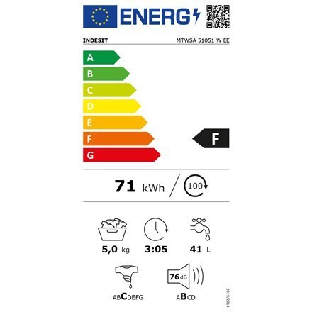 INDESIT Washing machine MTWSA 51051 W EE Energy efficiency class F, Front loading, Washing capacity 5 kg, 1000 RPM, Depth 42.5 c INDESIT Washing machine MTWSA 51051 W EE Energy efficiency class F, Front loading, Washing capacity 5 kg, 1000 RPM, Depth 42.5 c