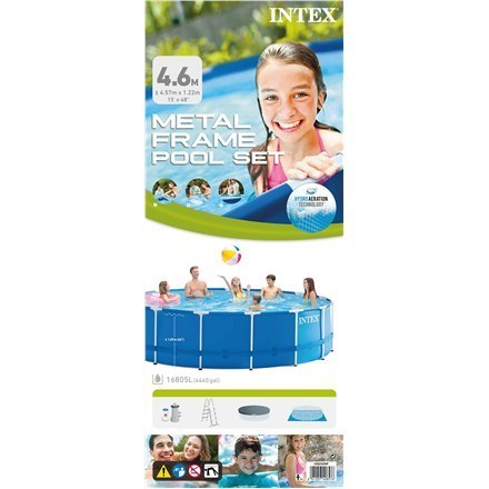 Intex Metal Frame Pool Set with Filter Pump, Safety Ladder, Ground Cloth, Cover Blue, Age 6+, 457x122 cm Intex Metal Frame Pool Set with Filter Pump, Safety Ladder, Ground Cloth, Cover Blue, Age 6+, 457x122 cm