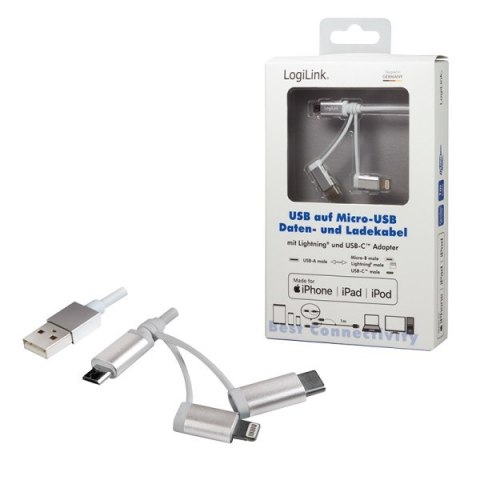 Logilink USB 2.0 cable, USB-A/M to Micro-USB+USB+Lightning CU0126 1 m, USB 2.0 micro B/Plug + Lightning/Plug + USB-C/Plug, USB Logilink USB 2.0 cable, USB-A/M to Micro-USB+USB+Lightning CU0126 1 m, USB 2.0 micro B/Plug + Lightning/Plug + USB-C/Plug, USB