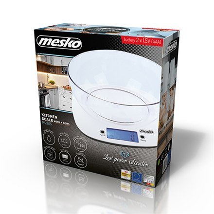 Mesko Scale with bowl MS 3165 Maximum weight (capacity) 5 kg, Graduation 1 g, Display type LCD, White Mesko Scale with bowl MS 3165 Maximum weight (capacity) 5 kg, Graduation 1 g, Display type LCD, White