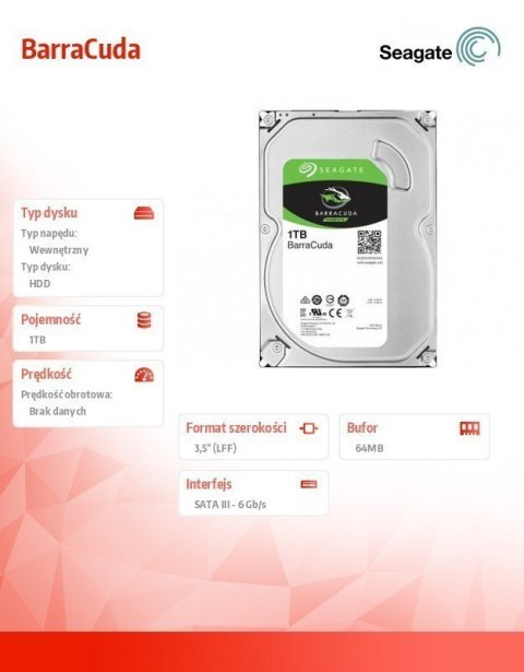 Seagate Barracuda 1TB SATAIII 7200 RPM, 1000 GB, HDD, 64 MB Seagate Barracuda 1TB SATAIII 7200 RPM, 1000 GB, HDD, 64 MB