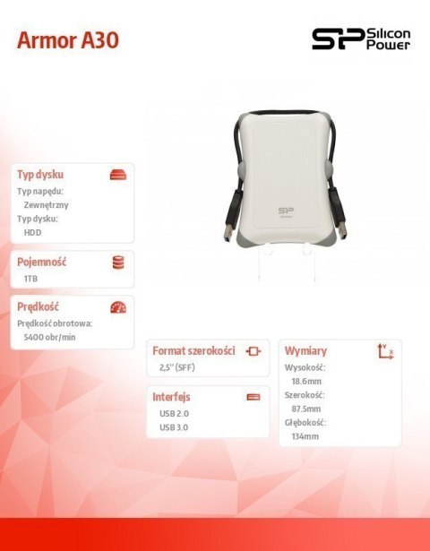 Silicon Power Armor A30 1TB 2.5 ", USB 3.1, White Silicon Power Armor A30 1TB 2.5 ", USB 3.1, White
