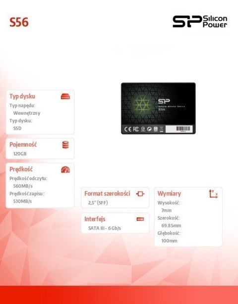 Silicon Power S56 120 GB, SSD form factor 2.5", SSD interface SATA, Write speed 530 MB/s, Read speed 560 MB/s