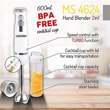 Mesko Blender MS 4624 Hand Blender, 1000 W, Number of speeds Variable, Turbo mode, White Mesko Blender MS 4624 Hand Blender, 1000 W, Number of speeds Variable, Turbo mode, White