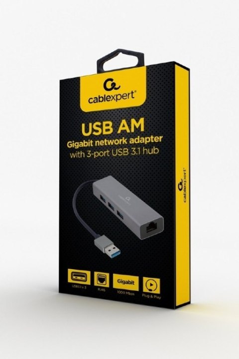 Cablexpert USB AM Gigabit network adapter with 3-port USB 3.0 hub A-AMU3-LAN-01 Black Cablexpert USB AM Gigabit network adapter with 3-port USB 3.0 hub A-AMU3-LAN-01 Black