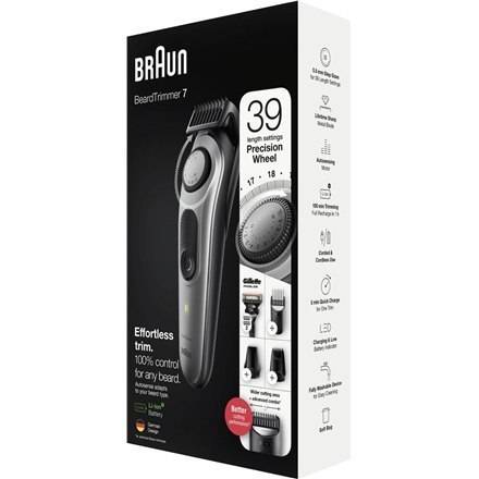 Braun Beard Trimmer BT7320 Cordless and corded, Operating time (max) 100 min, Number of length steps 39, Li-Ion, Black/Silver Braun Beard Trimmer BT7320 Cordless and corded, Operating time (max) 100 min, Number of length steps 39, Li-Ion, Black/Silver