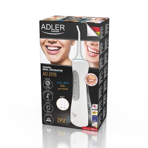 Adler Travel Oral Irrigator AD 2176 Oral irrigator, 150 ml, Number of heads 2, White, Number of teeth brushing modes 3 Adler Travel Oral Irrigator AD 2176 Oral irrigator, 150 ml, Number of heads 2, White, Number of teeth brushing modes 3