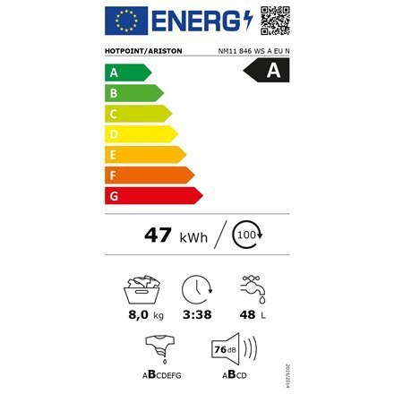 Hotpoint Washing machine NM11 846 WS A EU N Energy efficiency class A, Front loading, Washing capacity 8 kg, 1351 RPM, Depth 60. Hotpoint Washing machine NM11 846 WS A EU N Energy efficiency class A, Front loading, Washing capacity 8 kg, 1351 RPM, Depth 60.