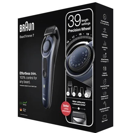 Braun Beard Trimmer BT7330 Cordless and corded, Operating time (max) 100 min, Number of length steps 39, Li-Ion, Black/Blue Braun Beard Trimmer BT7330 Cordless and corded, Operating time (max) 100 min, Number of length steps 39, Li-Ion, Black/Blue