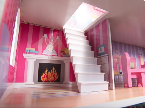 Domek dla lalek drewniany MDF + mebelki 70cm różowy LED Domek dla lalek drewniany MDF + mebelki 70cm różowy LED