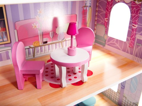 Domek dla lalek drewniany MDF + mebelki 70cm różowy LED Domek dla lalek drewniany MDF + mebelki 70cm różowy LED